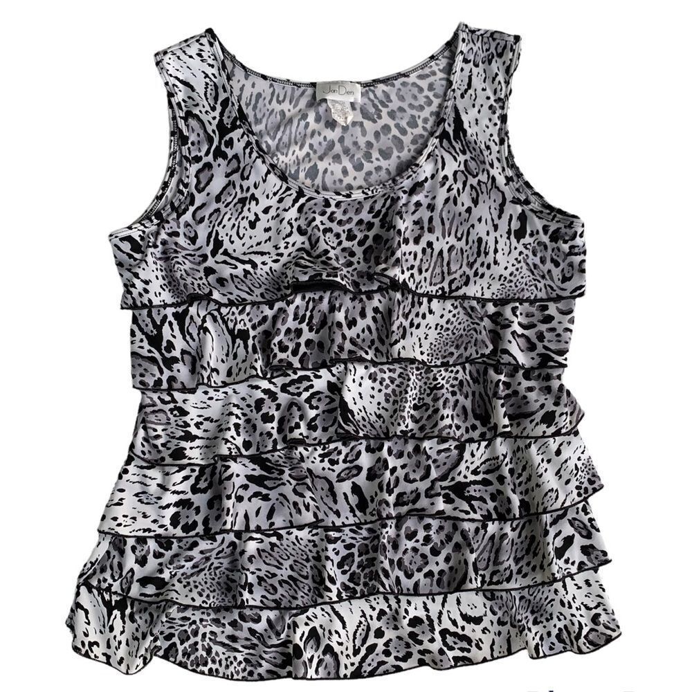 Jon Den blouse sleeveless tiered layered black white cheetah leopard print satin